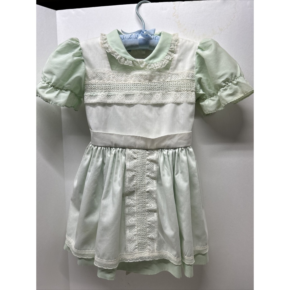 Vintage Little‎ Girls Dress Lace Trimmed Green & White Puff Sleeve Cari Classic